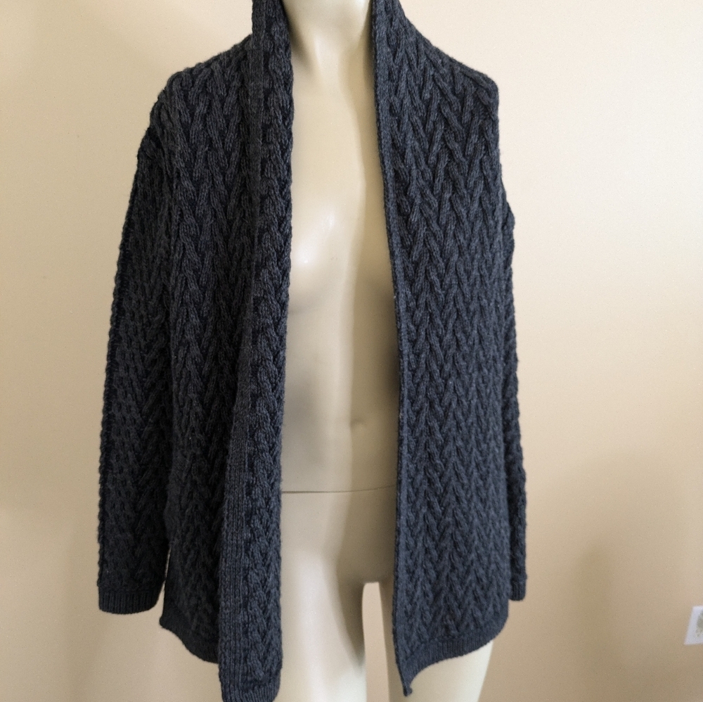 Aran Mor 100% Merino Wool Dark Gray Chunky Knit Cardigan Sweater Women's…